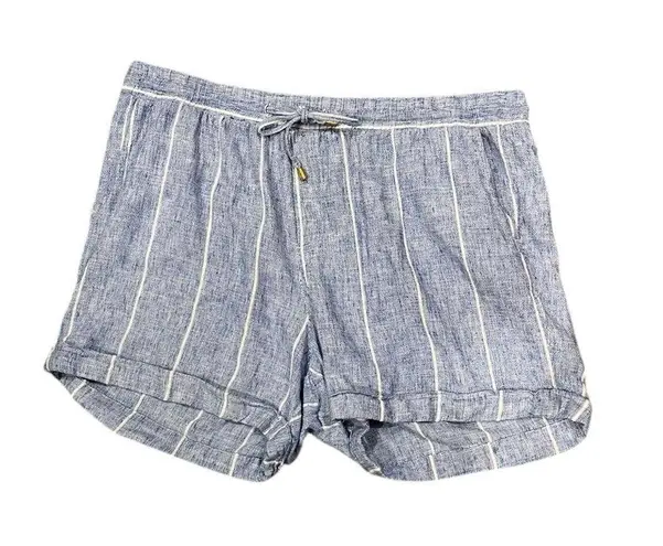 Ellen Tracy Linen Blend Blue White Striped Drawstring Shorts XL Pockets