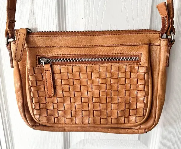 Vilenca Holland Tan Brown Woven Leather Slim Front Zip Pocket Crossbody Bag