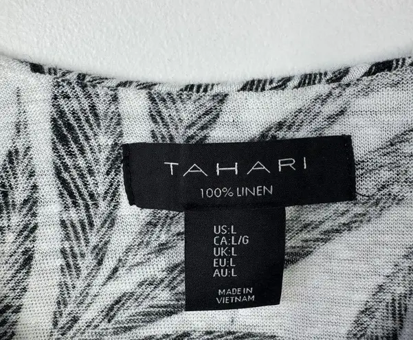 Tahari Women L 100% Linen Top Black White Leaf Button Up Crop Tropical Beach