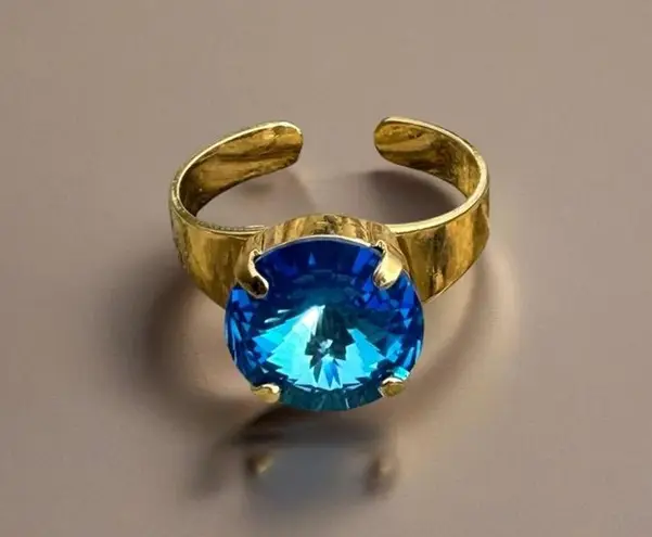Handcrafted sparkly ring made with blue Swarovski crystal adjustable fit Gold