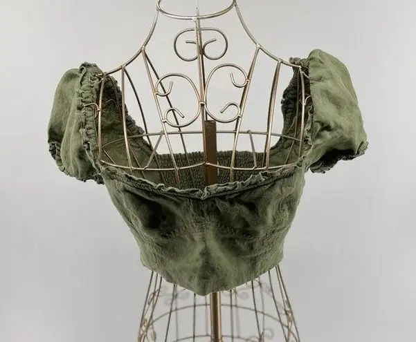 Wilfred Aritzia Wander Green Linen Puff Sleeve Cropped Blouse Size Small