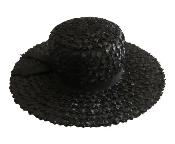 Vintage Suzy Hat Black Woven Straw Wide Brim With Ribbon Accent Women's Medium