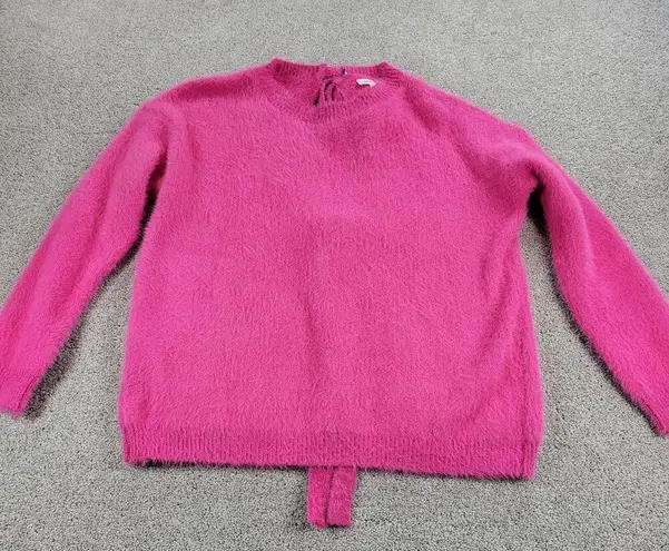 ee:some  Womens Back Tie Sweater Medium Pink Eyelash Faux Fur Ribbed Trim NEW