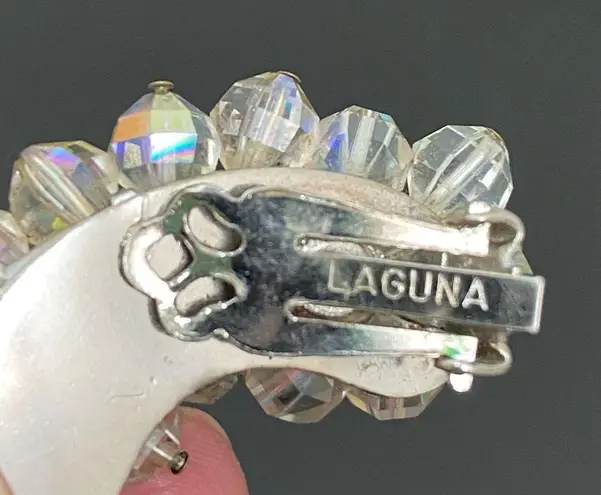 Vintage 50’s LAGUNA Faceted AB Crystal Aurora Borealis Crawler Clip On Earrings White