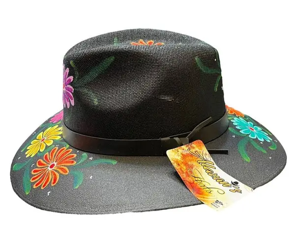 HAT MEXICAN Artisanal Hand Painted Fedora Floral Sombrero Panama Bohemian Black
