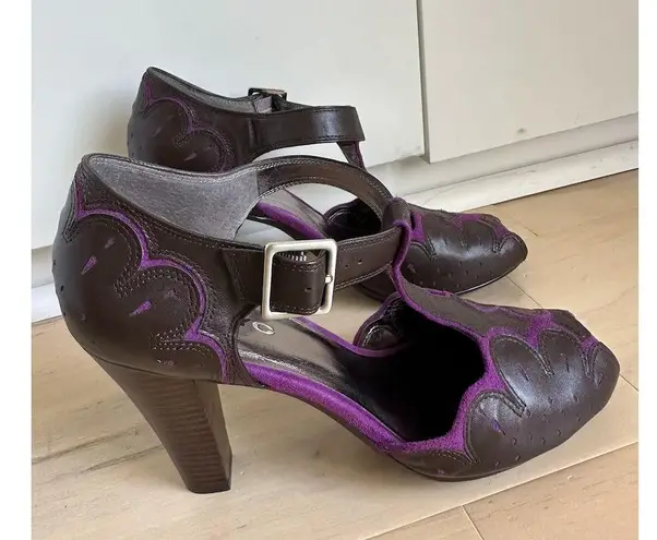Vintage 90s T Strap Heels Brown Purple Size 9 Retro 40s Style Pumps