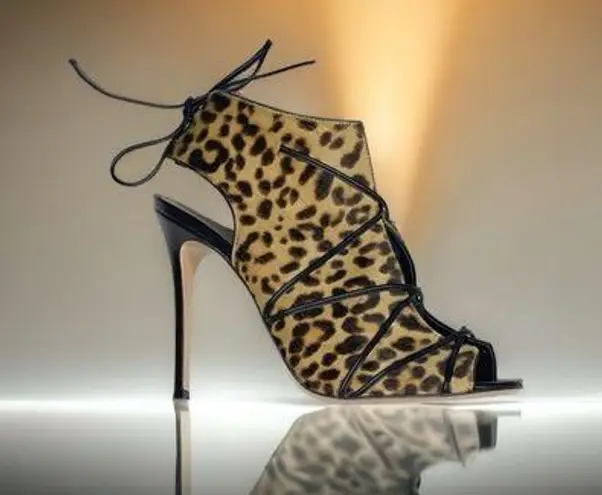 Gianvito Rossi 𒀭 Open Toe Stiletto Heel Bootie 𒀭Leopard Print Calf Hair 𒀭40