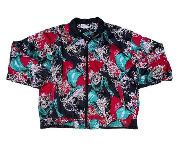 Pinstripe Petites Vintage Red Green Christmas Zip Up Windbreaker Bomber Jacket