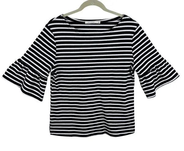 Ellison 100% Cotton Black White Striped Half Ruffled Bell Sleeve Knit Blouse M