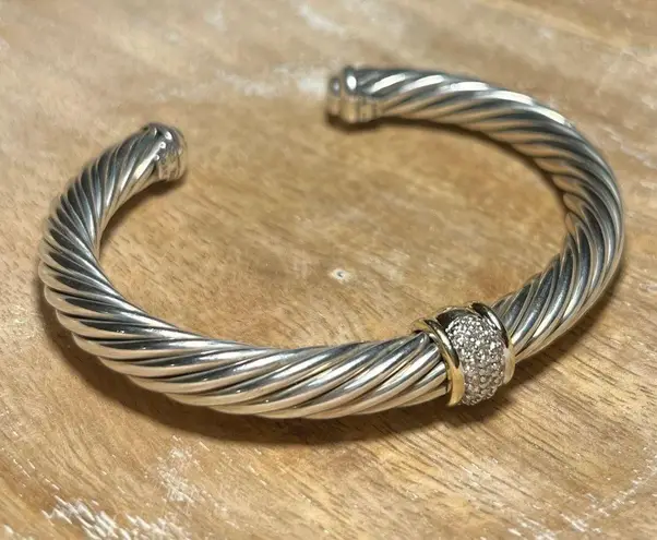 David Yurman Cable Station Bracelet Sterling 18K Yellow Gold & Pavé Diamonds