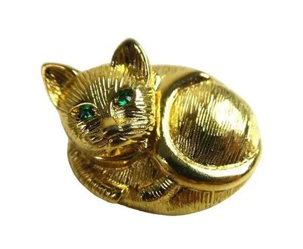 Cookie Lee  Gold Tone Kitty Cat Bobblehead Springy Curled Up Kitten Brooch Pin