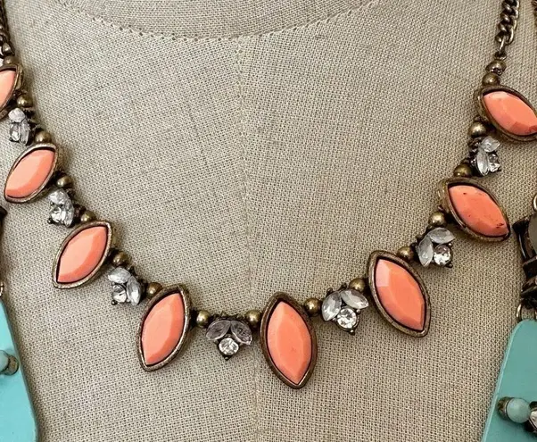 Blue and orange geometric multi strand statement necklace