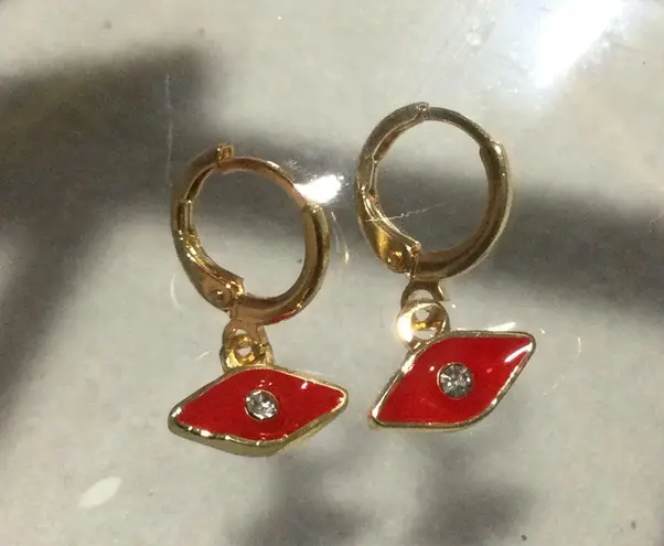 Laminated Gold Red Eye Earrings Gold Tone Huggie Hoop Diamond Accent DangleCharm