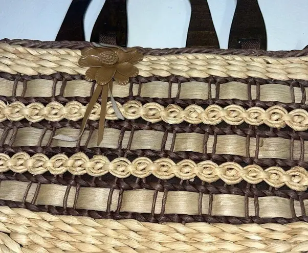 Vintage Straw Purse Clutch Handbag Wood Handles Brown Beige Lined Boho