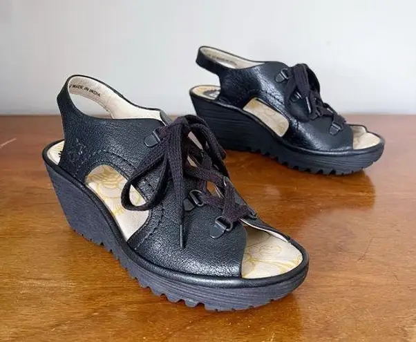 Fly London • Ylva Wedge Sandal black leather lace up gladiator platform open toe