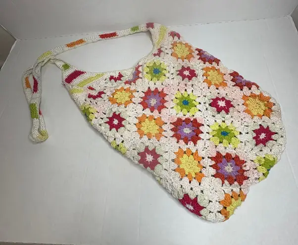 Crochet Granny Square Tote Bag Shoulder Bag Colorful Handmade Hippie Boho
