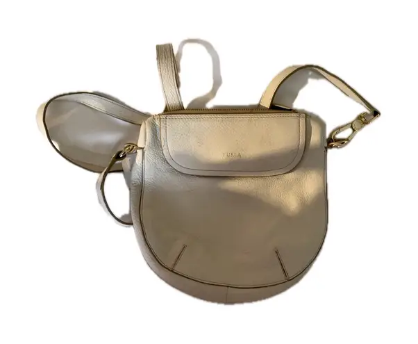 Furla Cream Leather Crossbody Shoulder Bag Flap Zip Closure Gold Hardware