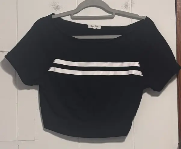 Black Cropped Off Shoulder Top Short Sleeve White Stripe Detail Women's XS