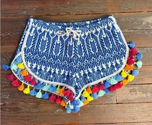 Judith March Colorful Embroidered Tassel Pull On Shorts ~ Size Medium 💛🍄