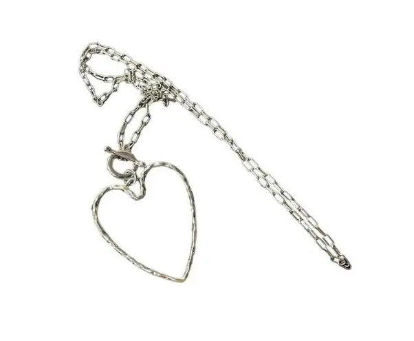 Large Silver Hammered OpenHeart Pendant Necklace 32" Silver Toggle Chain