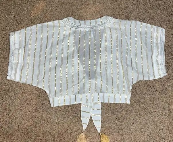 Miguelina Saanchi Cropped Striped Metallic Cotton Gauze Tie Front Tassel Top S White