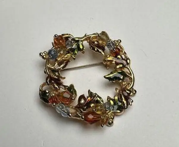 Fall / Autumn Wreath Enamel & Bead Brooch Pin Gold Tone Nice For Thanksgiving