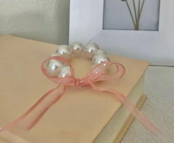 Pink Ribbon Pearl Bracelet Vintage“Frenchie” Bauble Girlhood Feminine Coquette