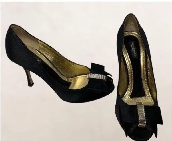 Dolce & Gabbana , baguette bow , black satin pumps, heels size 7