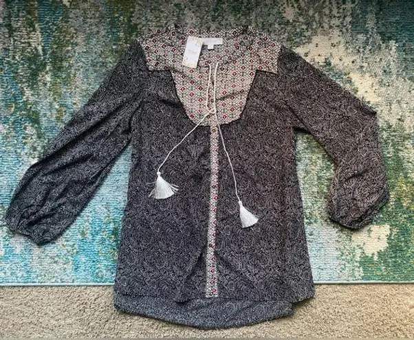 Suzanne Betro NWT Weekend paisley floral tassel long sleeve blouse, size medium