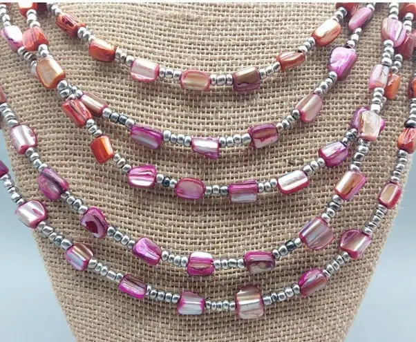 Beachy Silver Tone Pink Dyed Abalone Shell Multi Strand Wire Collar Bib Necklace