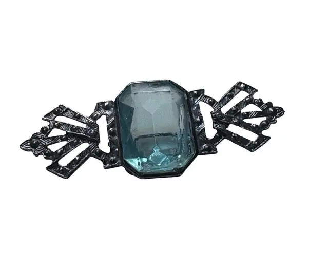 1930s Art Deco Aqua Glass Brooch | Vintage Pot Metal Bar Pin Blue