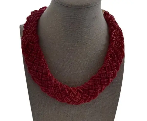 Vintage Red Color Seed Bead Multi strain Braid Beaded Collar Choker Necklace 17”