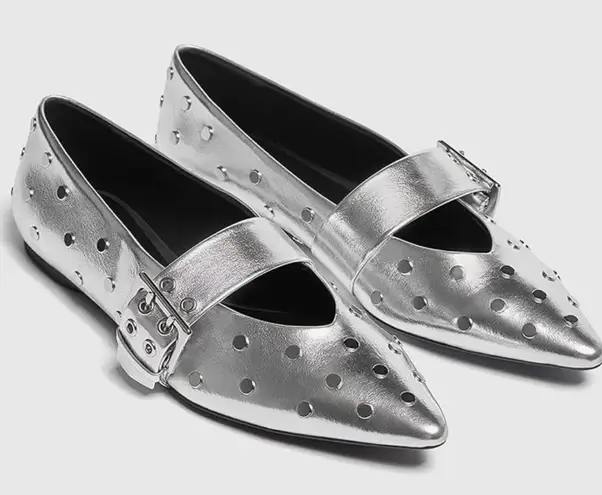 Silver Studded Mary Jane Flats Black Size 6