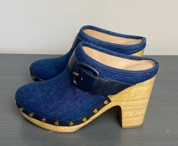 Veronica Beard  Dacey Denim Buckle Studded Clogs Size 7