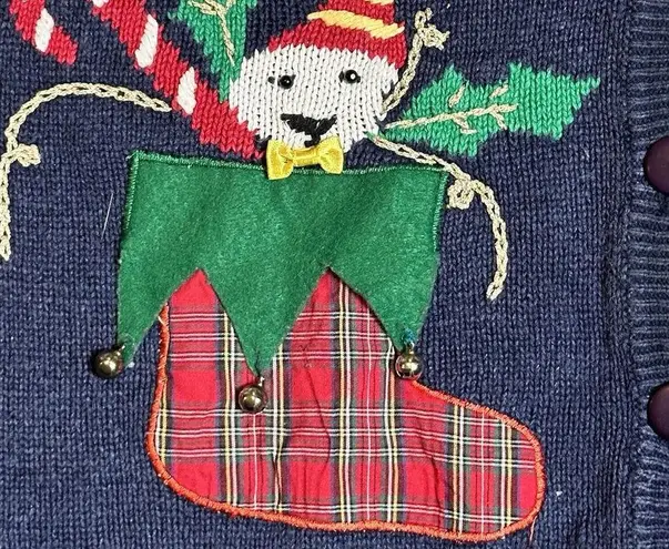 Crystal Kobe Vintage Ugly Christmas Sweater Ramie Snowman Bells Elf Blue Large