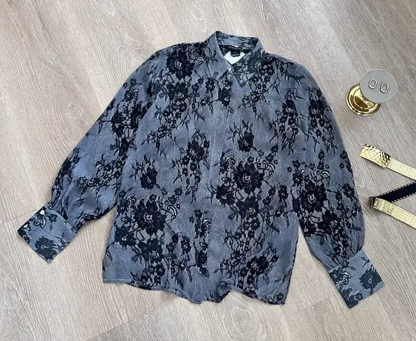 Club Monaco 100% Silk Luxurious Lace Print Blouse, Sheer Floral Print Size S