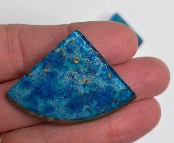 Vintage Earrings Blue & Gold Flecks Triangular/Fan Shaped EUC OS Artsy Abstract