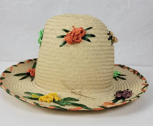 Raffia Floral Embellished Flat Brim Summer Sun Hat Cream Straw Multicolor