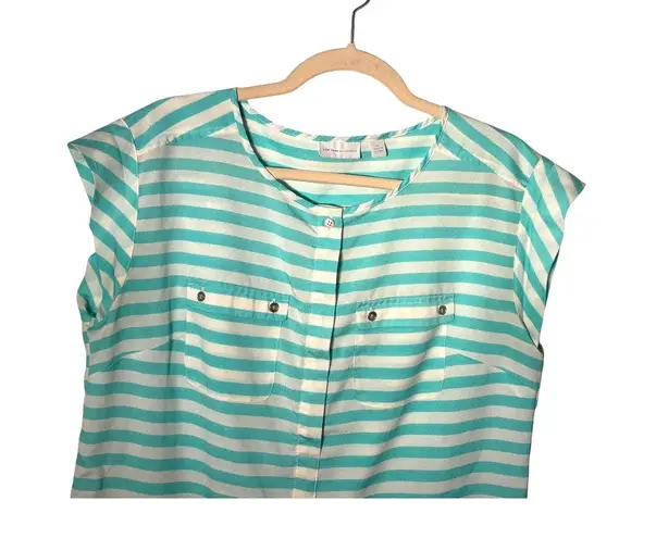 New York & Co Cap Sleeve Striped Blouse Summer Vacation Resort Office Coastal M Green Size M