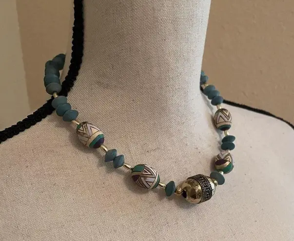 Women’s Necklace Handmade Easter Egg Wood Beads Blue / Gold Tone