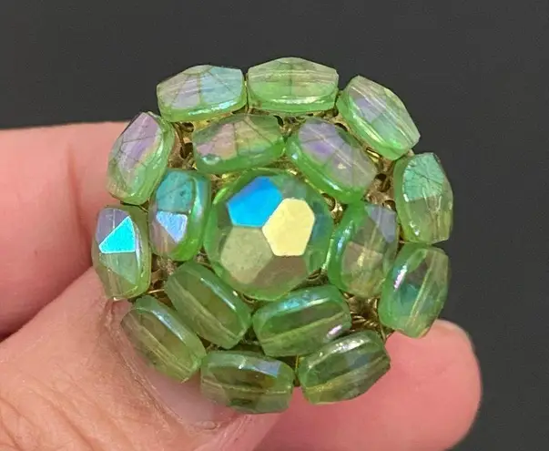 Vintage VOGUE Aurora Borealis Green Dome Cluster Beads Clip On Earrings