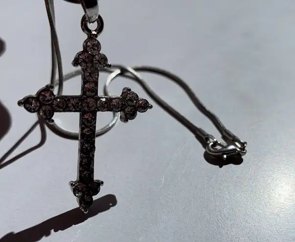 Cross necklace on silver look chain with pendant cross gemstone look