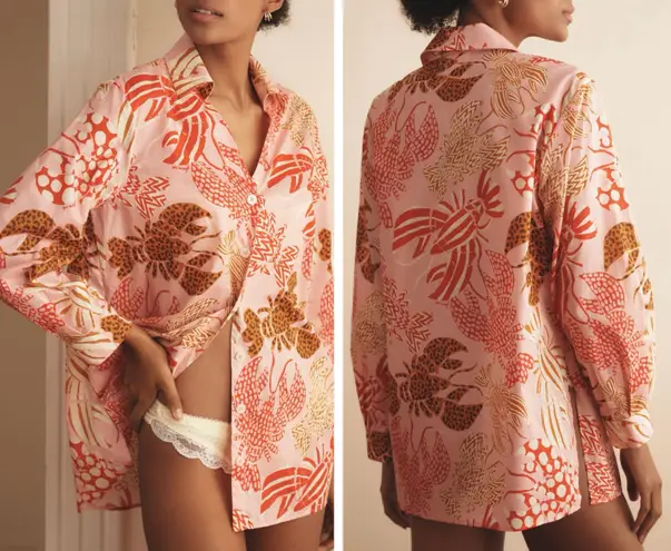 Farm Rio Lobster Print Oversized Button-Front Shirt/Tunic, Size S