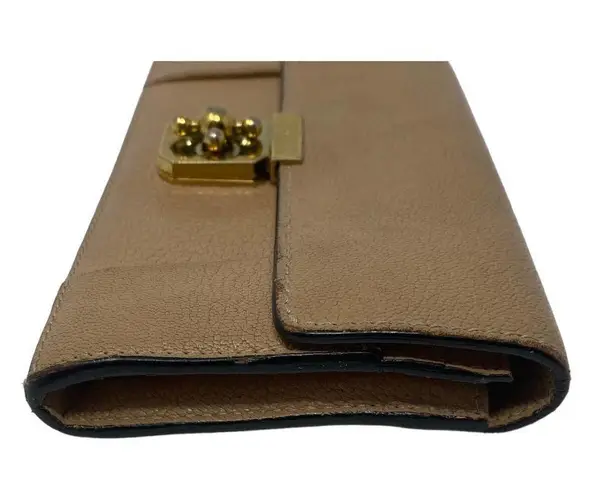 Chloé Chloe Bi-Fold Wallet Flap Pebbled Leather Beige Designer Luxury Gold Hardware