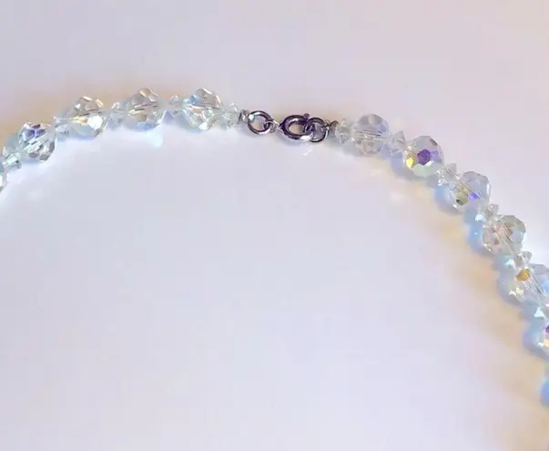 Vintage Glass NECKLACE 15” Aurora Borealis Iridescent Faceted Beads Silver