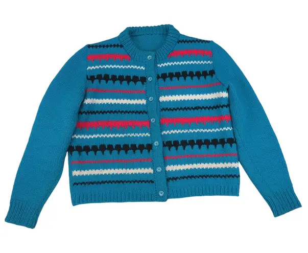 Vintage Womens Knit Cardigan Striped Teal Blue Sweater Button Front Jacket Large