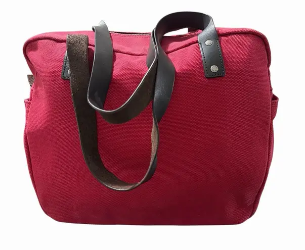 Jack Spade Red Canvas Tote Bag Leather Handles Zip Top Shoulder Bag
