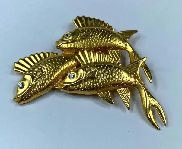 Premier Designs Womens Three Fish Brooch Fins Rhinestone Eyes Textured Details