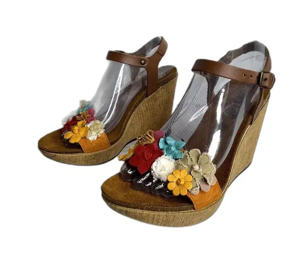 BioStep Floral Embellished detail cork Wedge heels leather size 8 boho chic girl
