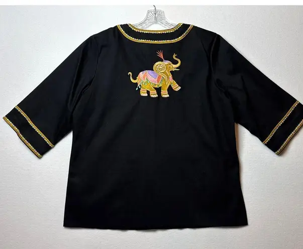 Bob Mackie wearable art black coat embroidered Elephants gold logo buttons large